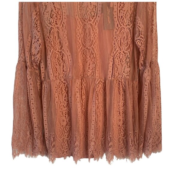 ULTRA Pink Solid Pink 100% Lace Peplum-Waist Lined Long Bell Sleeve Blouse NWT L - Picture 7 of 10